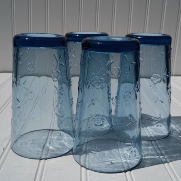 Anchor Hocking Savannah Tumblers Blue Drinking Glasses Etched Flowers SET OF 4 - Picture 11 of 15